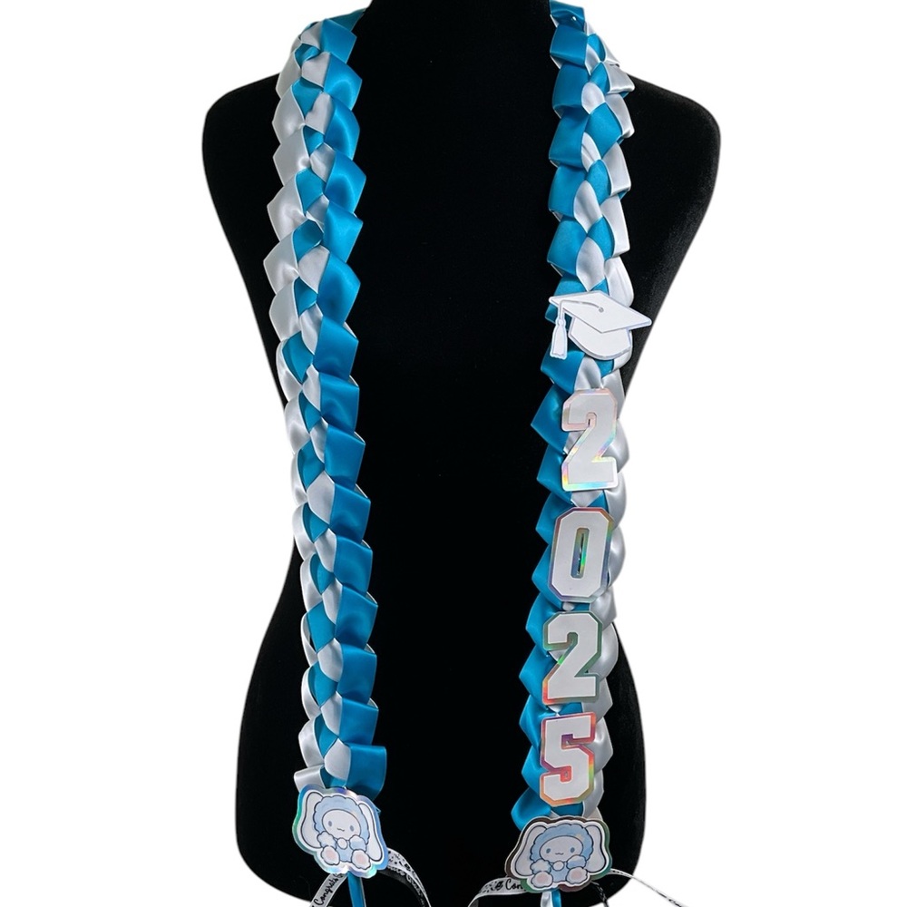 2025 Cinnamon Roll Graduation Lei White and Blue 7/8 Satin Ribbon